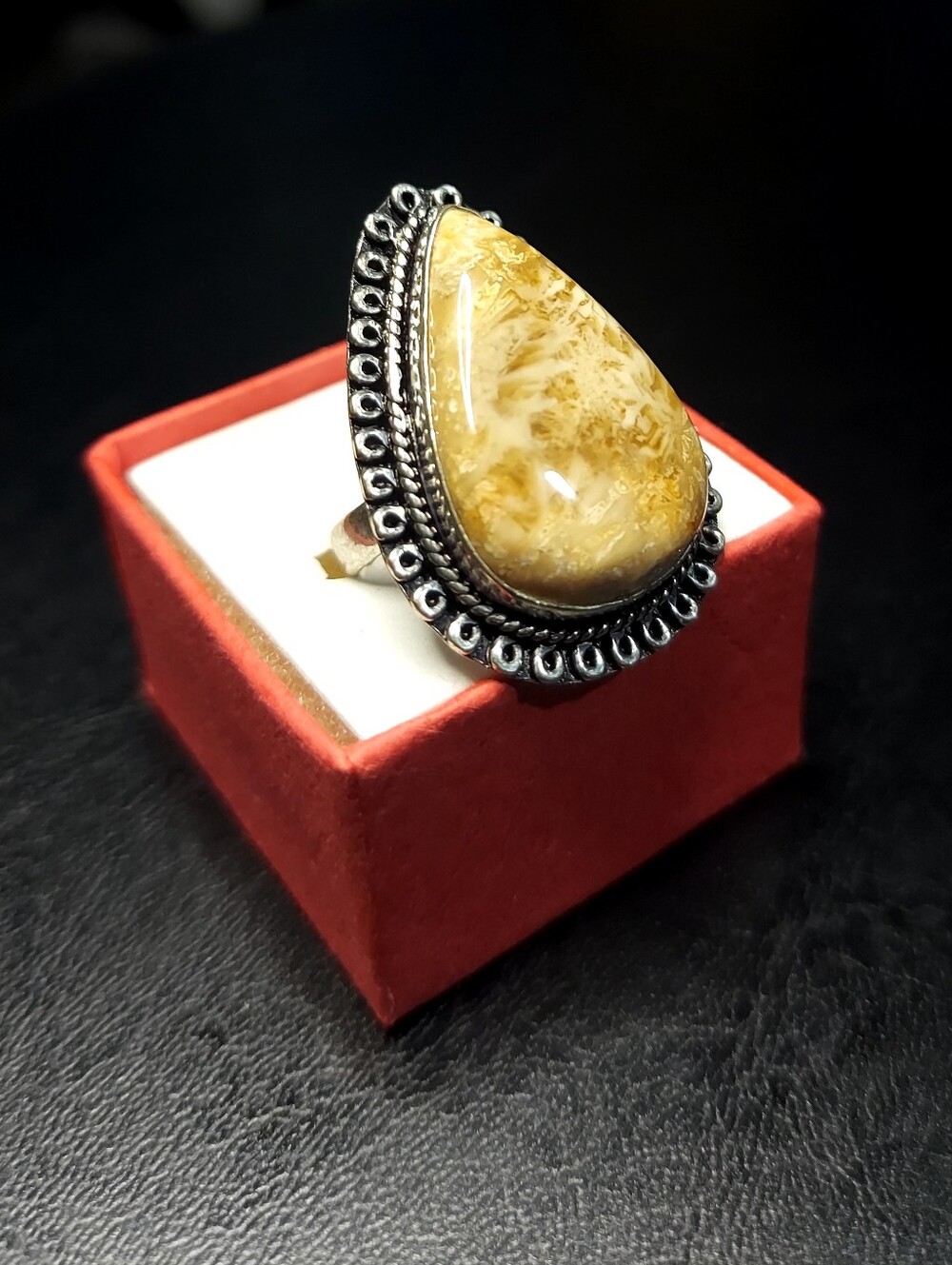 Handcrafted Golden Yellow Fossil Coral Teardrop Ring (7)